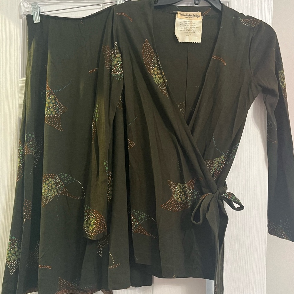Brown Floral Wrap Top and Skirt Set